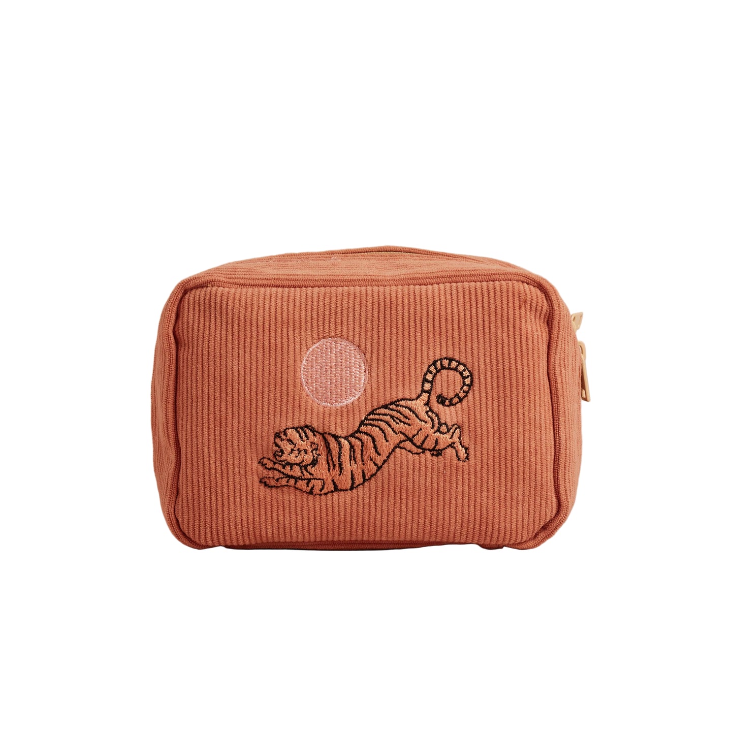 Corduroy pouch with embroidered tiger design on a beige background