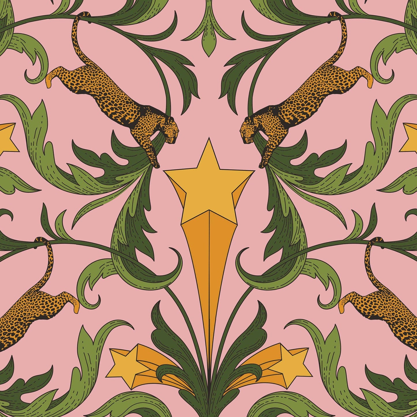 Pattern with leopards, green leaves, and yellow stars on a pink background