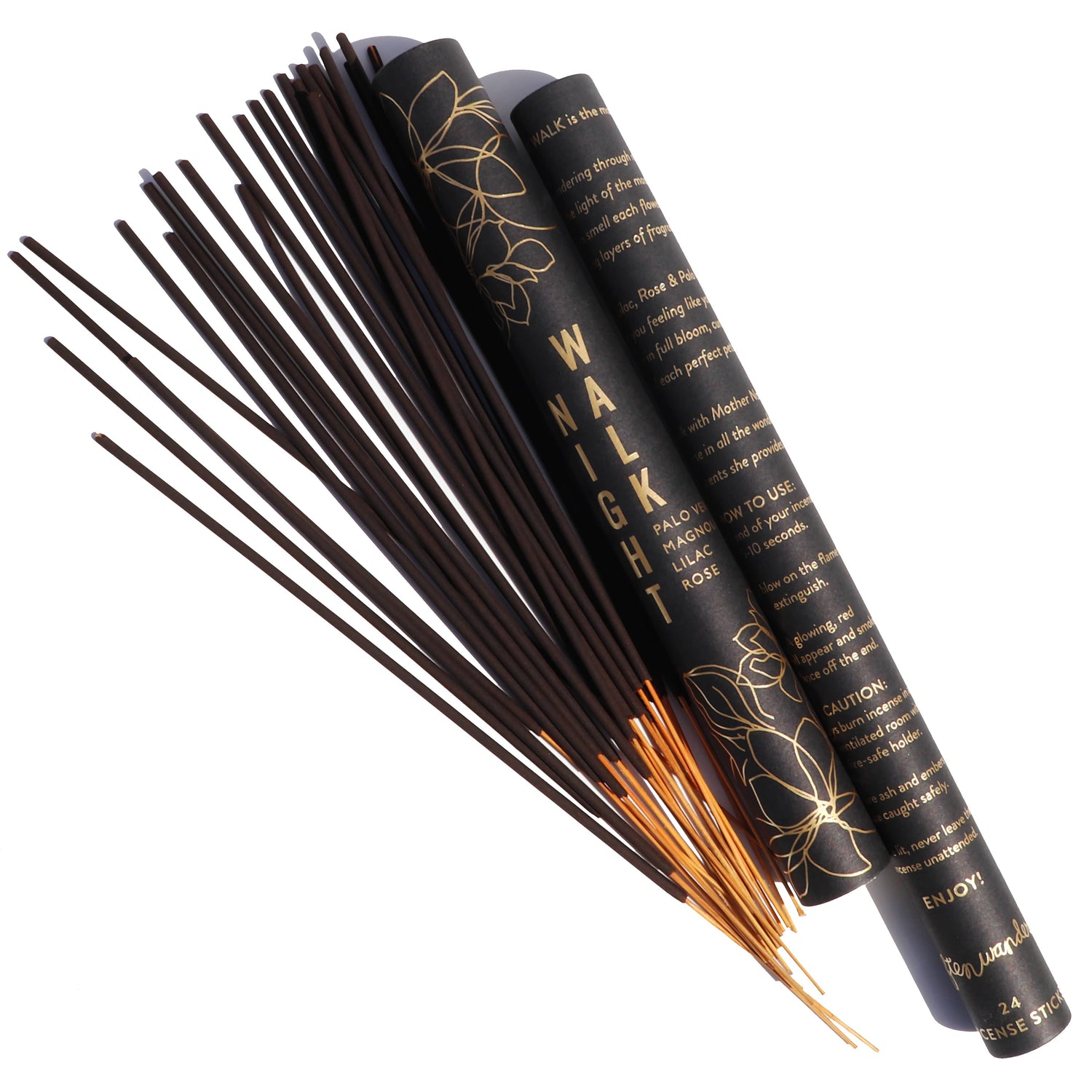 Incense sticks with black packaging featuring gold text and designs on a white background