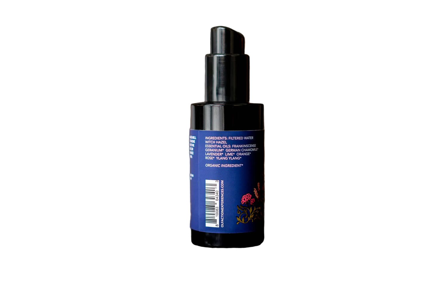 Bottle with blue label on a wooden surface