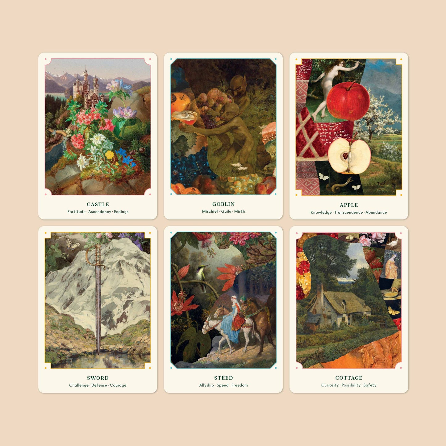 Set of six tarot cards with various illustrations and text on a beige background