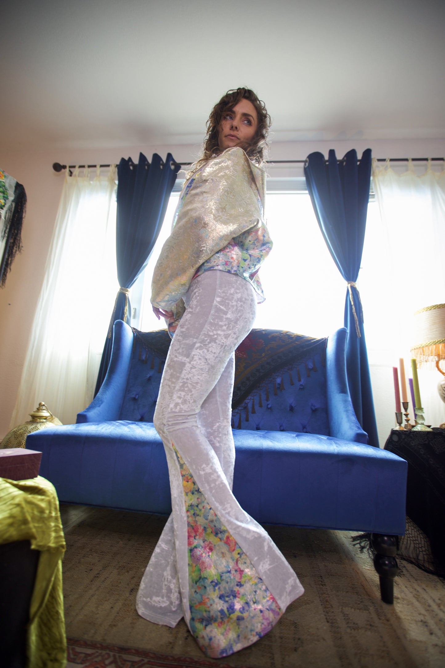 White High Waist Crushed Velvet Flare Pants