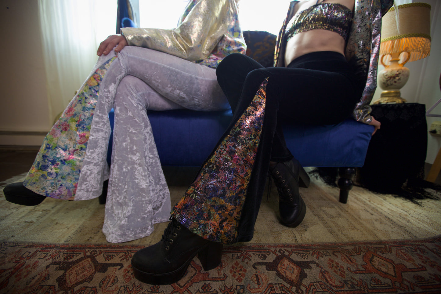 Black Velvet High Waisted Flare Pants with Rainbow Brocade