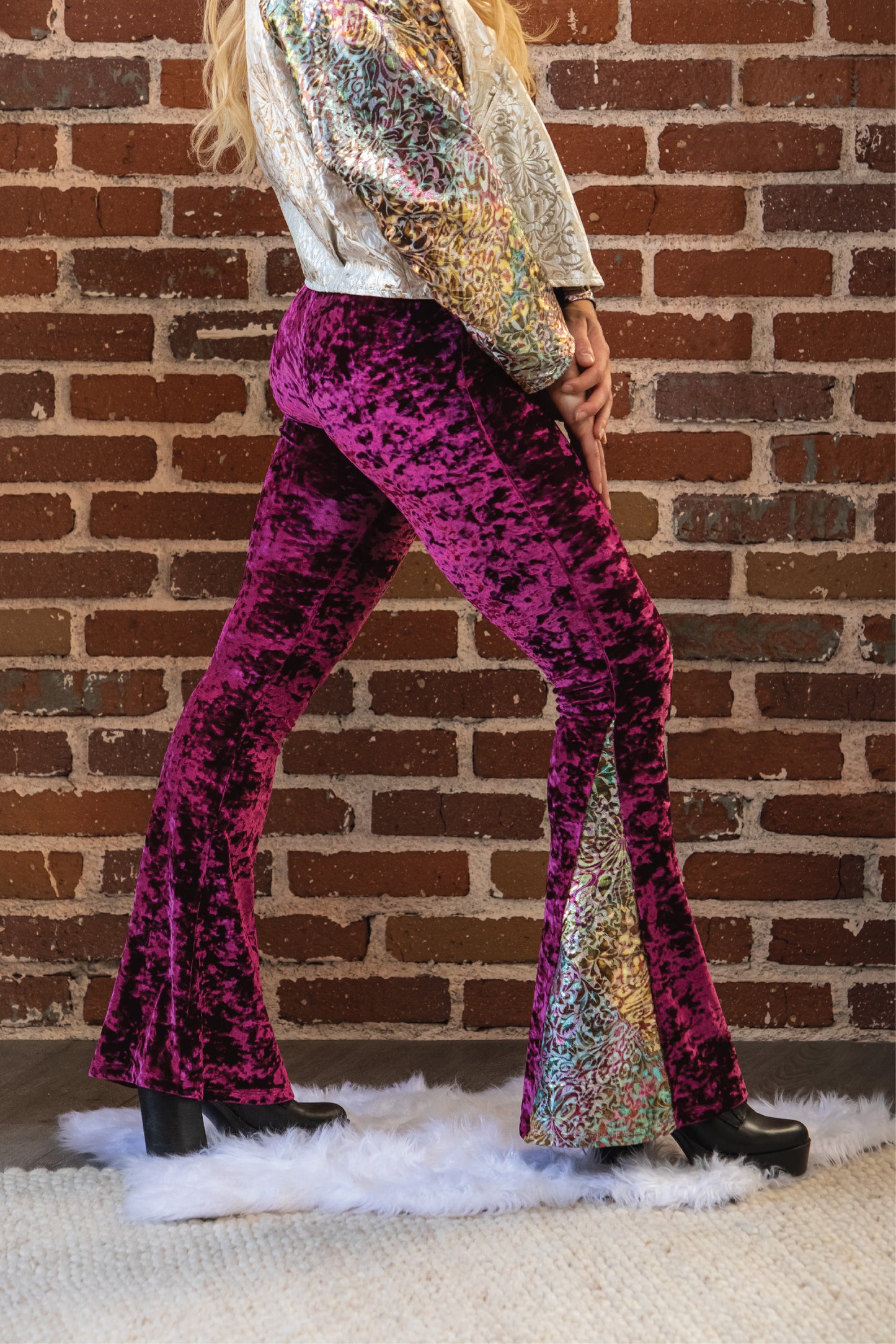 Luxe High Waist Crushed Velvet Flare Pants | Magenta