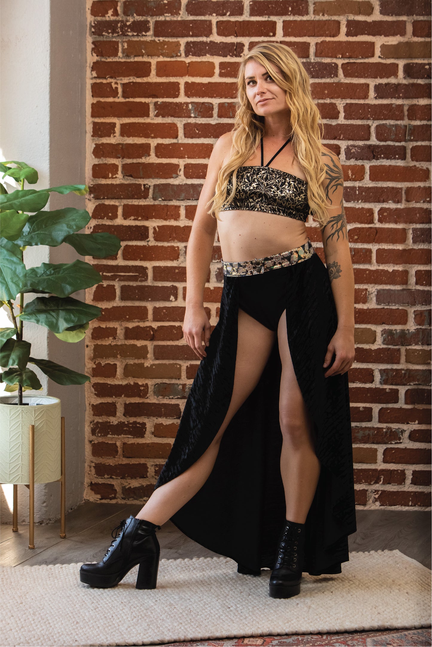 Black Velvet High Waisted Open Maxi Skirt