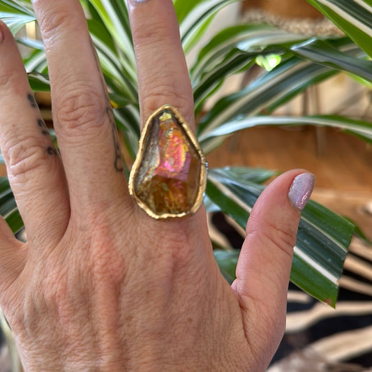 Peach Aura Lemurian Quartz Ring #43