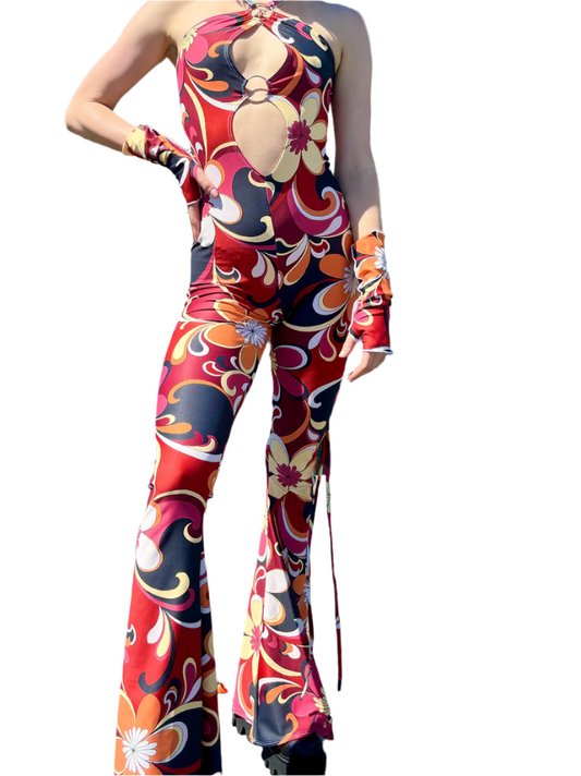 70s Disco Flower Bell Bottom Jumpsuit