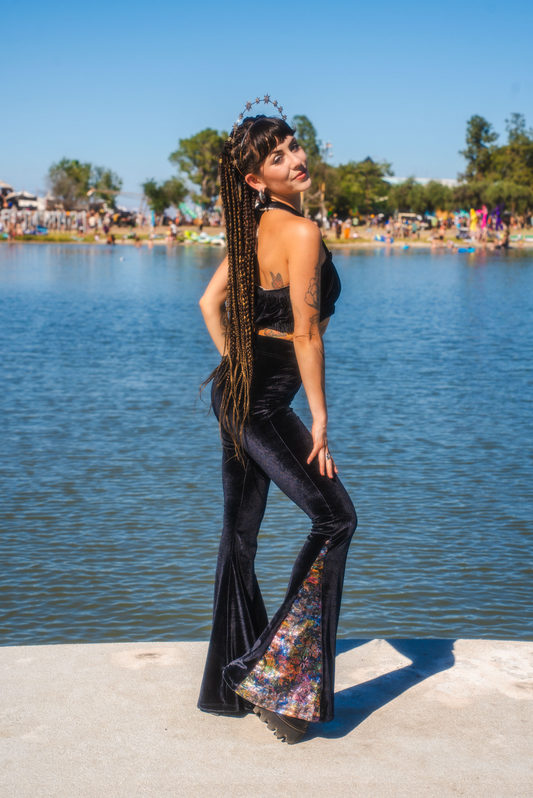 Black Velvet High Waisted Flare Pants with Rainbow Brocade