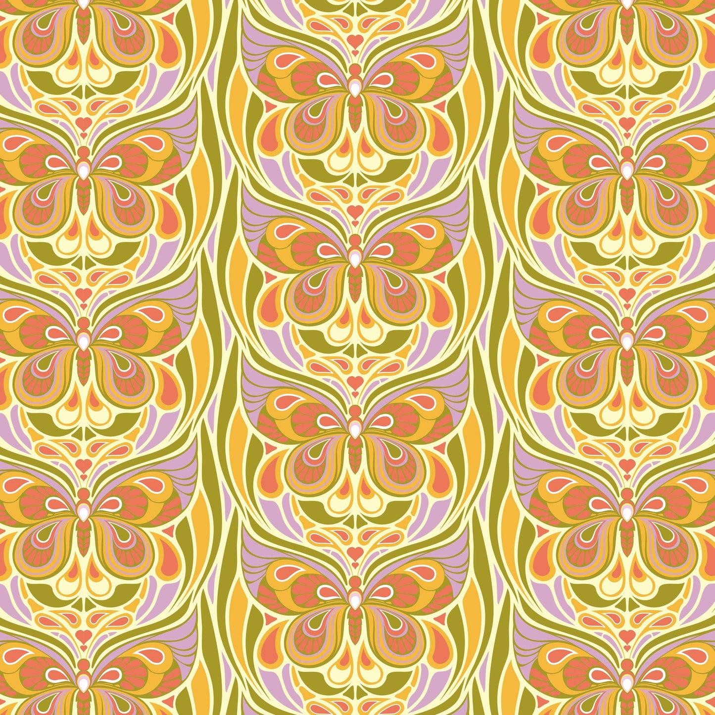 Butterfly pattern with orange, purple, and green colors on a beige background