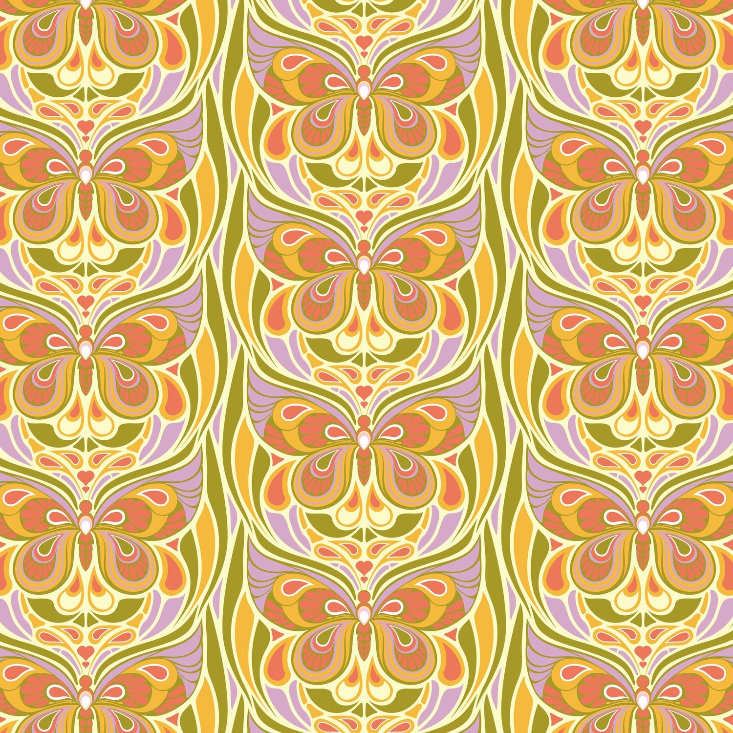 Butterfly pattern with orange, purple, and green colors on a beige background