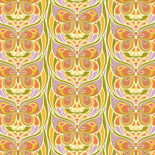 Butterfly pattern with orange, purple, and green colors on a beige background