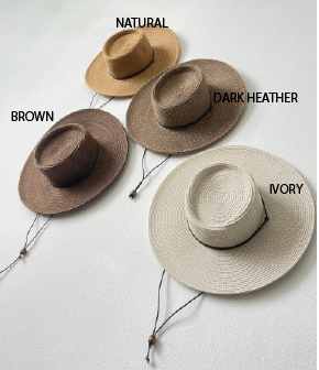 Four straw hats in different colors labeled 'Brown', 'Dark Heather', 'Ivory' on a light gray background.