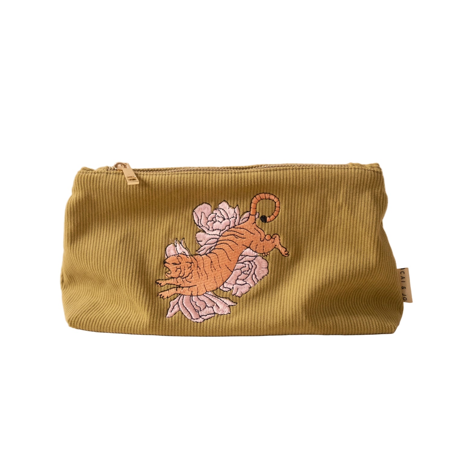 Green corduroy pouch with embroidered tiger and peony design on a beige background