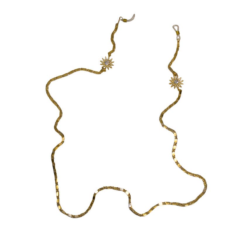 Gold sunglasses chain with daisy-shaped clasps on a white background