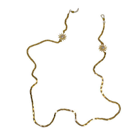 Gold sunglasses chain with daisy-shaped clasps on a white background