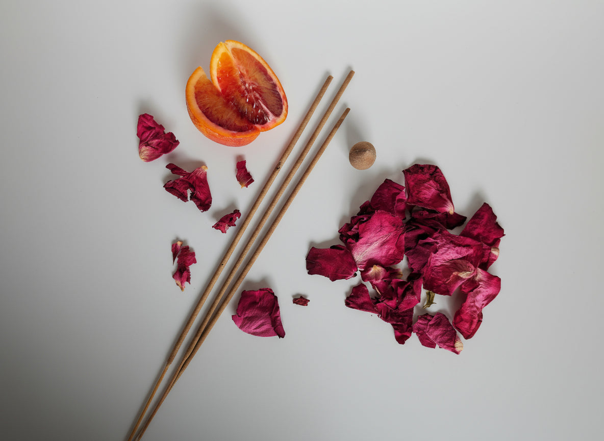 Rounded orange, dried red rose petals, and wooden sticks on a textured beige surface