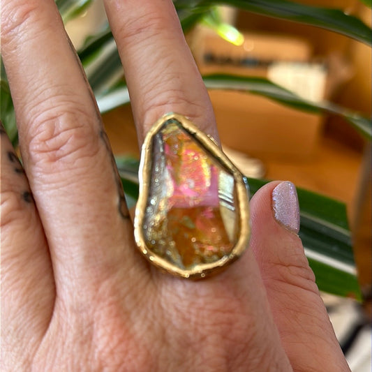 Peach Aura Lemurian Quartz Ring #43