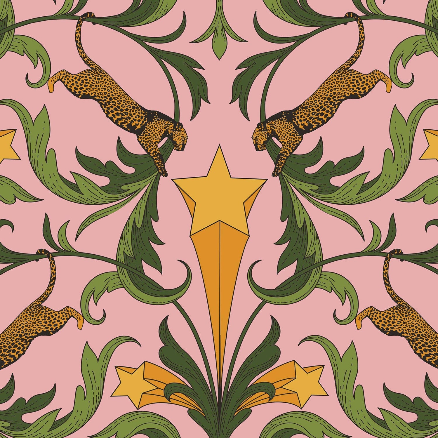 Pattern with leopards, green leaves, and yellow stars on a pink background