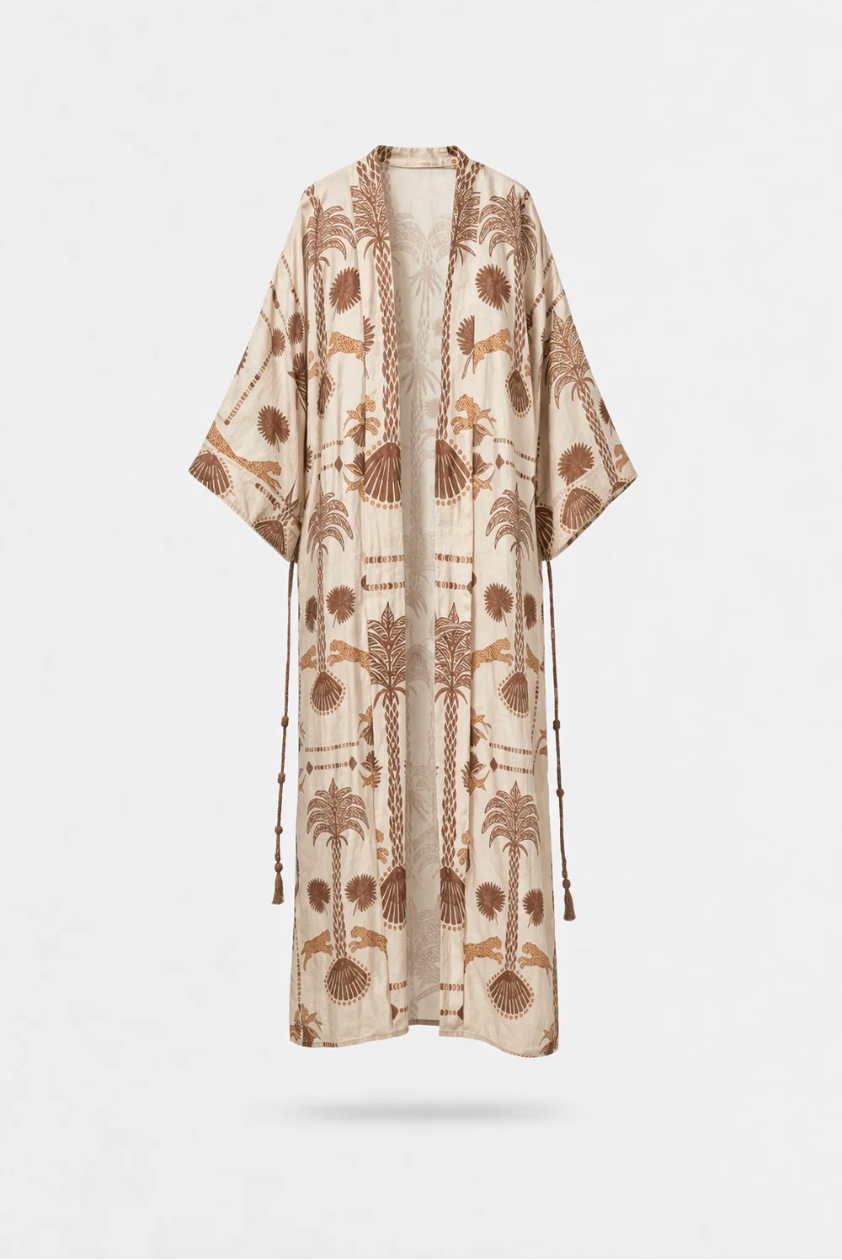 Beige kimono-style dress with brown floral patterns on a white background
