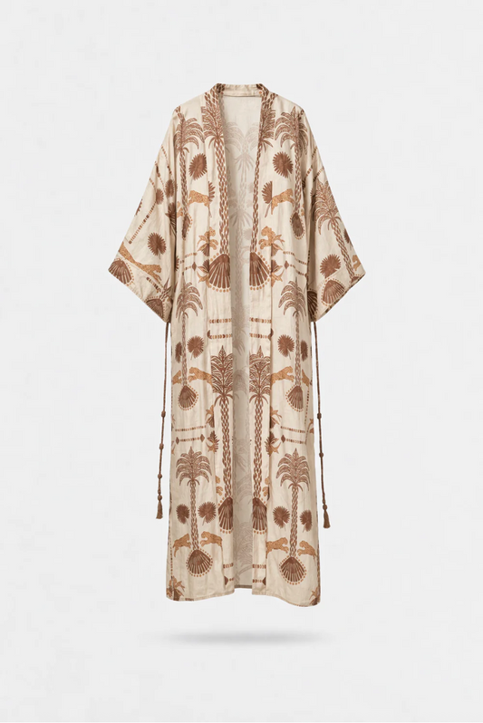 Beige kimono-style dress with brown floral patterns on a white background