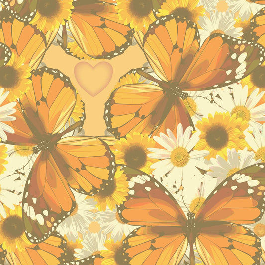 Pattern of orange butterflies and yellow flowers with a heart in the center.