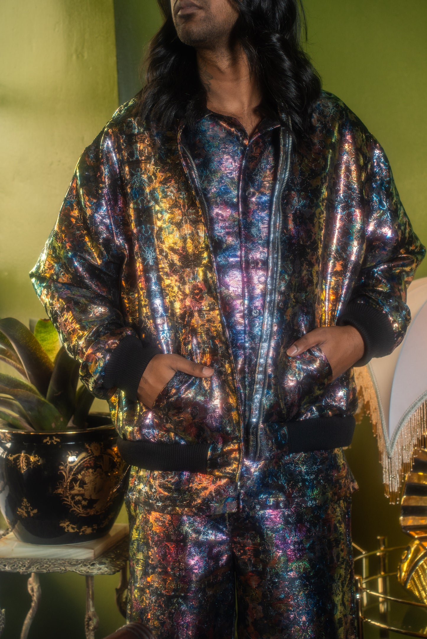 Men's Reversible Dark Brocade Bomber Jacket