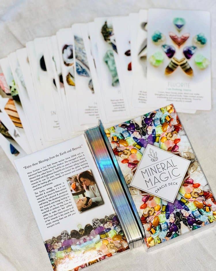 Mineral Magic Oracle Deck with cards and box on a white surface