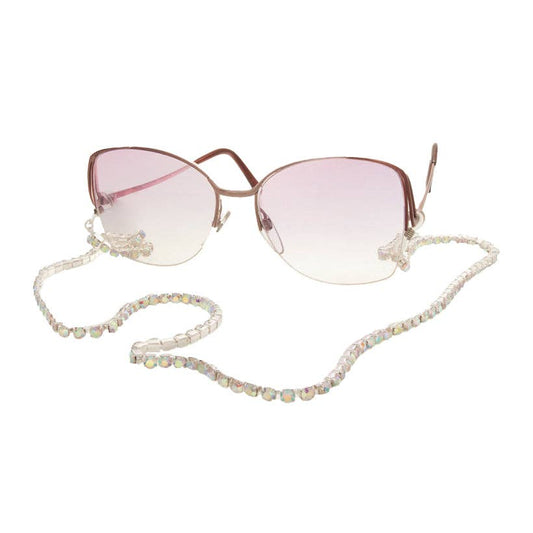 Sunglasses with a decorative chain on a white background
