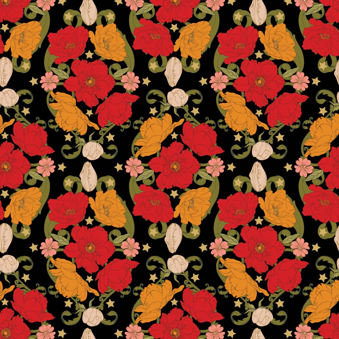Colorful poppy floral pattern on a black background