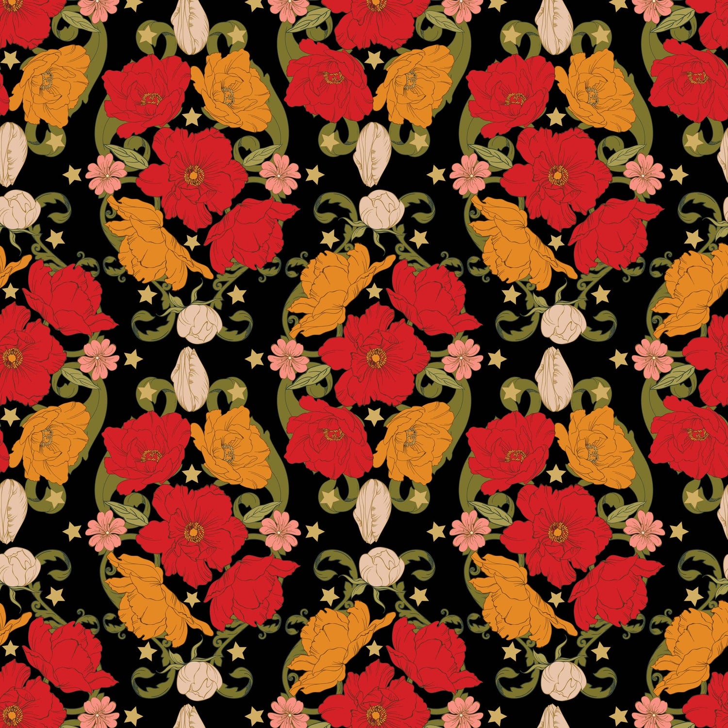 Colorful poppy floral pattern on a black background