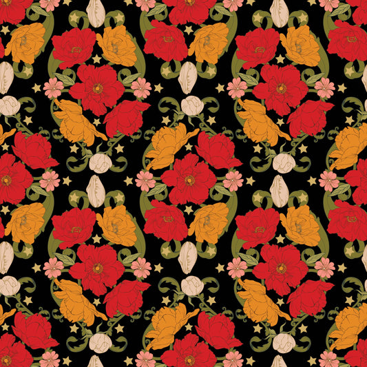 Colorful poppy floral pattern on a black background