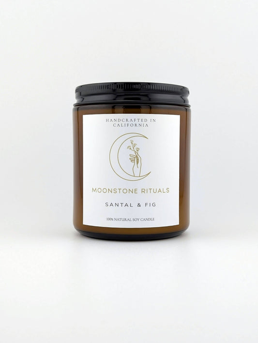 Candle jar with 'Moonstone Rituals' label on a white background