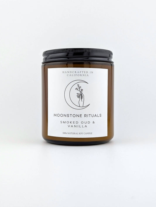 Moonstone Rituals candle with label on a white background