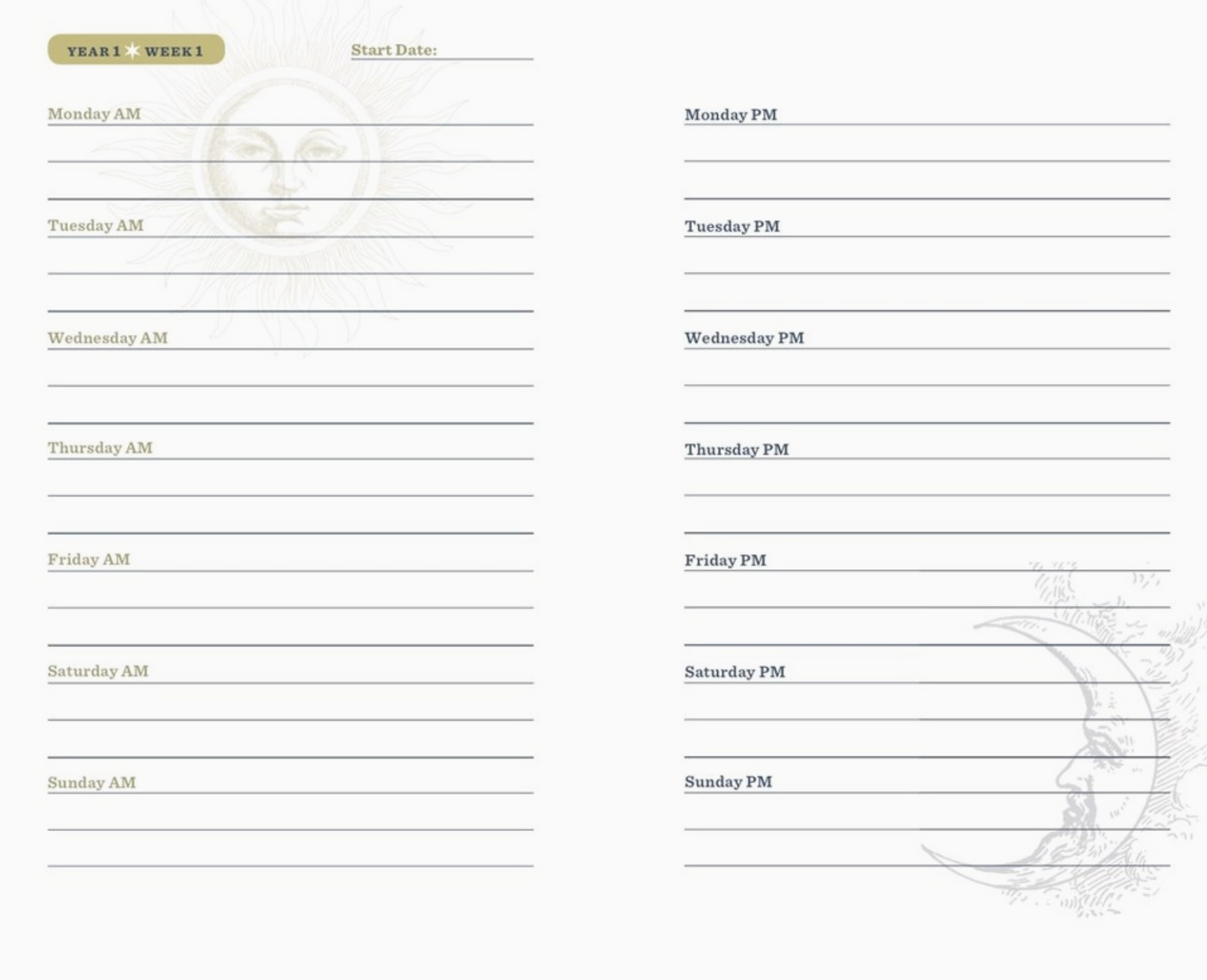 Sun and moon journal opened to an example of its page layout showing week one.