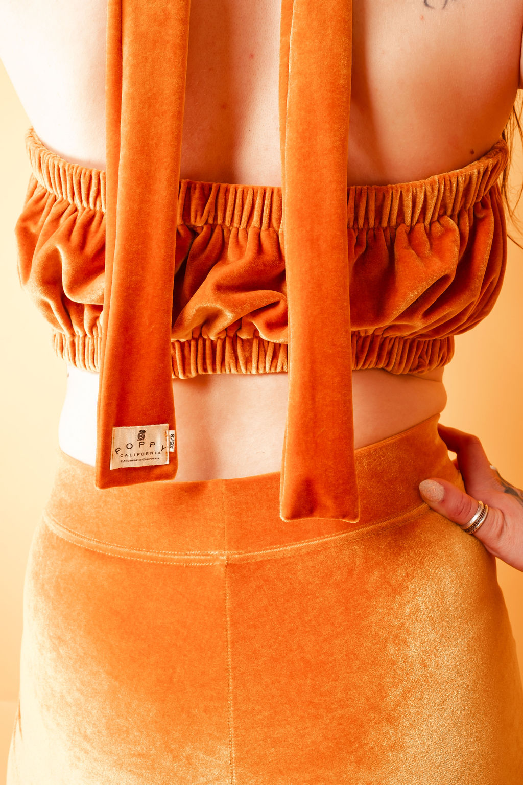 The back of The Cosmic Poppy Goldenrod Velvet Reversible Bandeau Halter Top