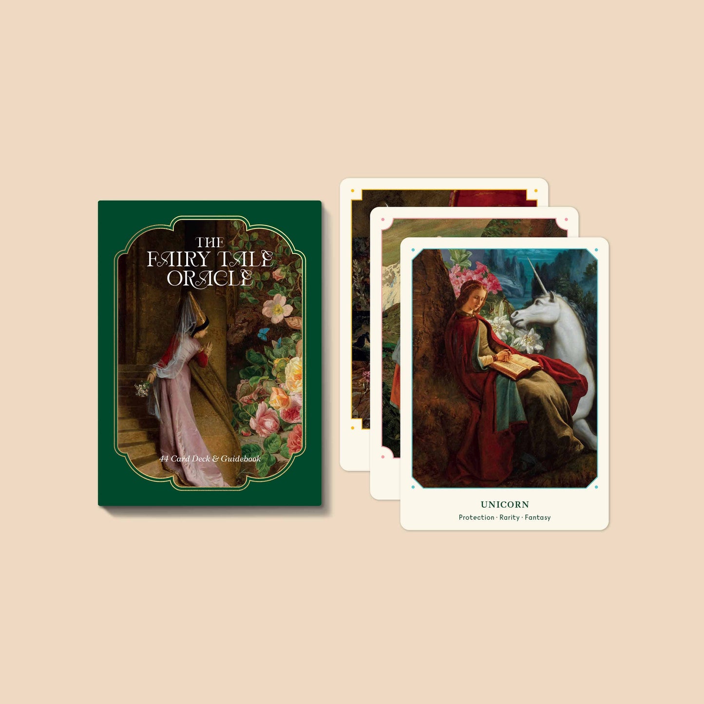 Fairy tale oracle card set with a green cover and tarot-style cards on a beige background