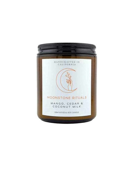 Moonstone Rituals candle with label on a white background