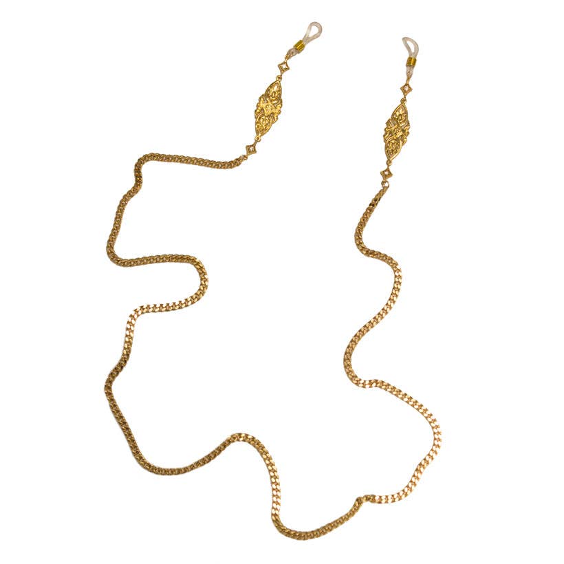 Gold chain eyeglass holder on a white background