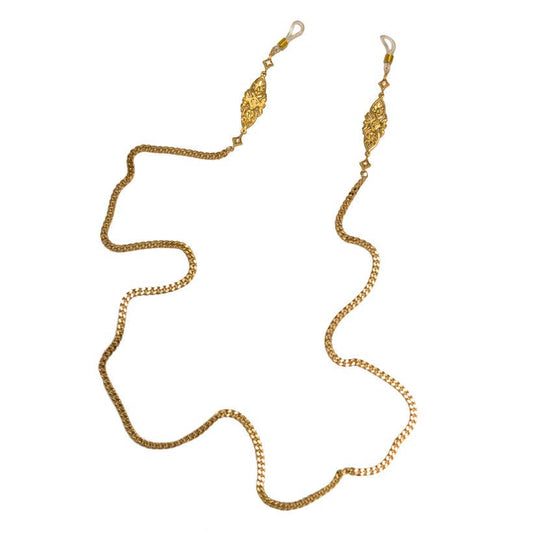 Gold chain eyeglass holder on a white background