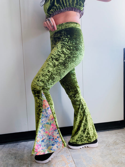 Moss Green Crushed Velvet High Waisted Flare Pants