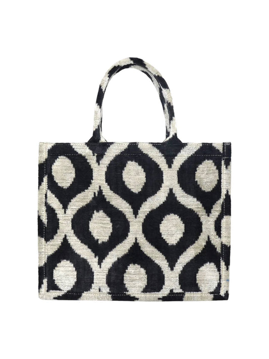 Black and White Silk Velvet Ikat Large Tote Bag