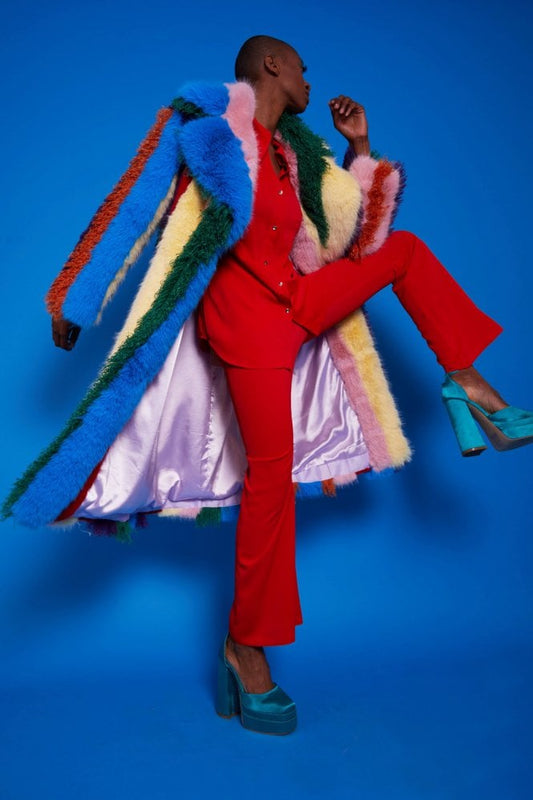 Faux Fur Hand Crafted Eco Bamboo Maxi Coat Rainbow