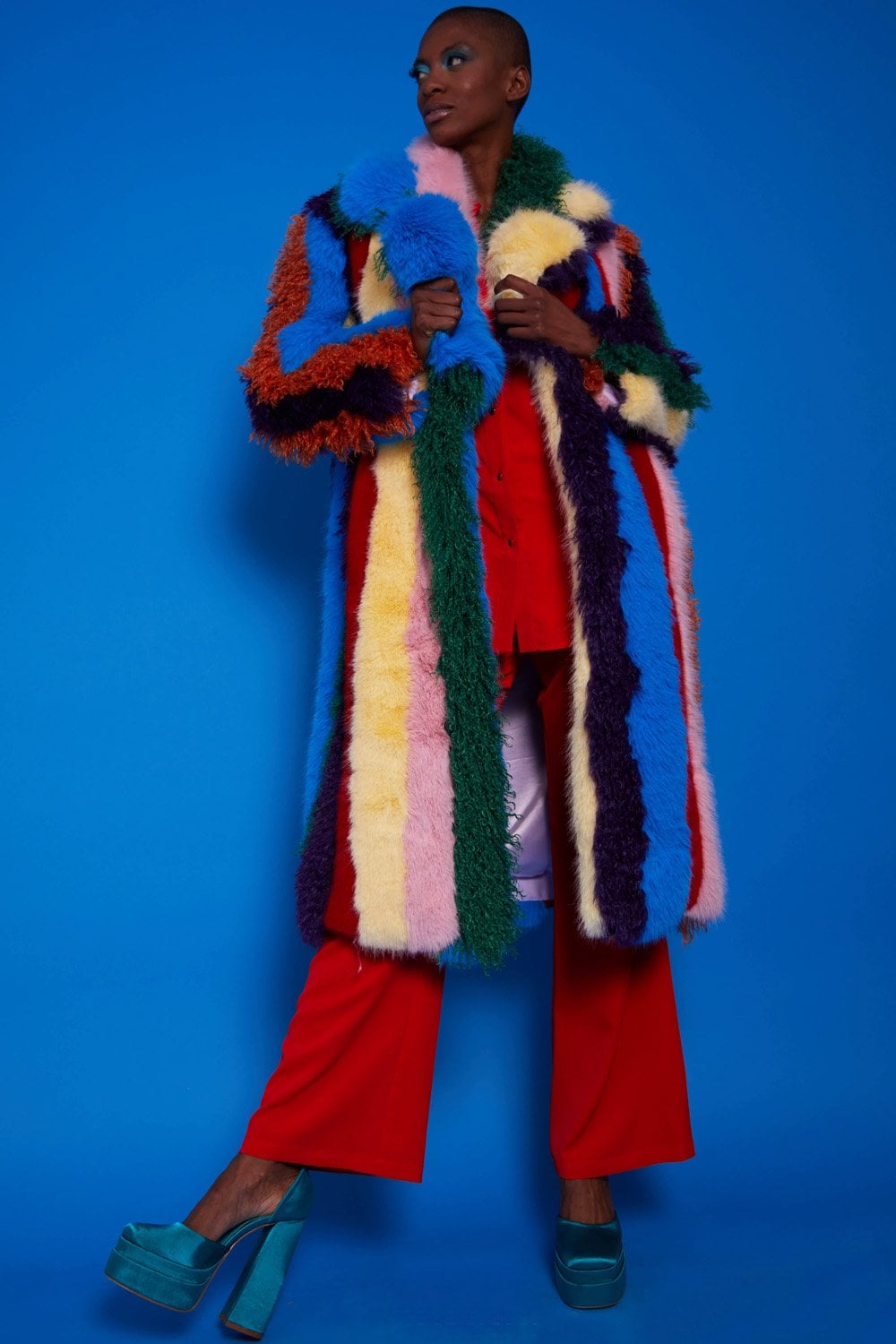 Faux Fur Hand Crafted Eco Bamboo Maxi Coat Rainbow