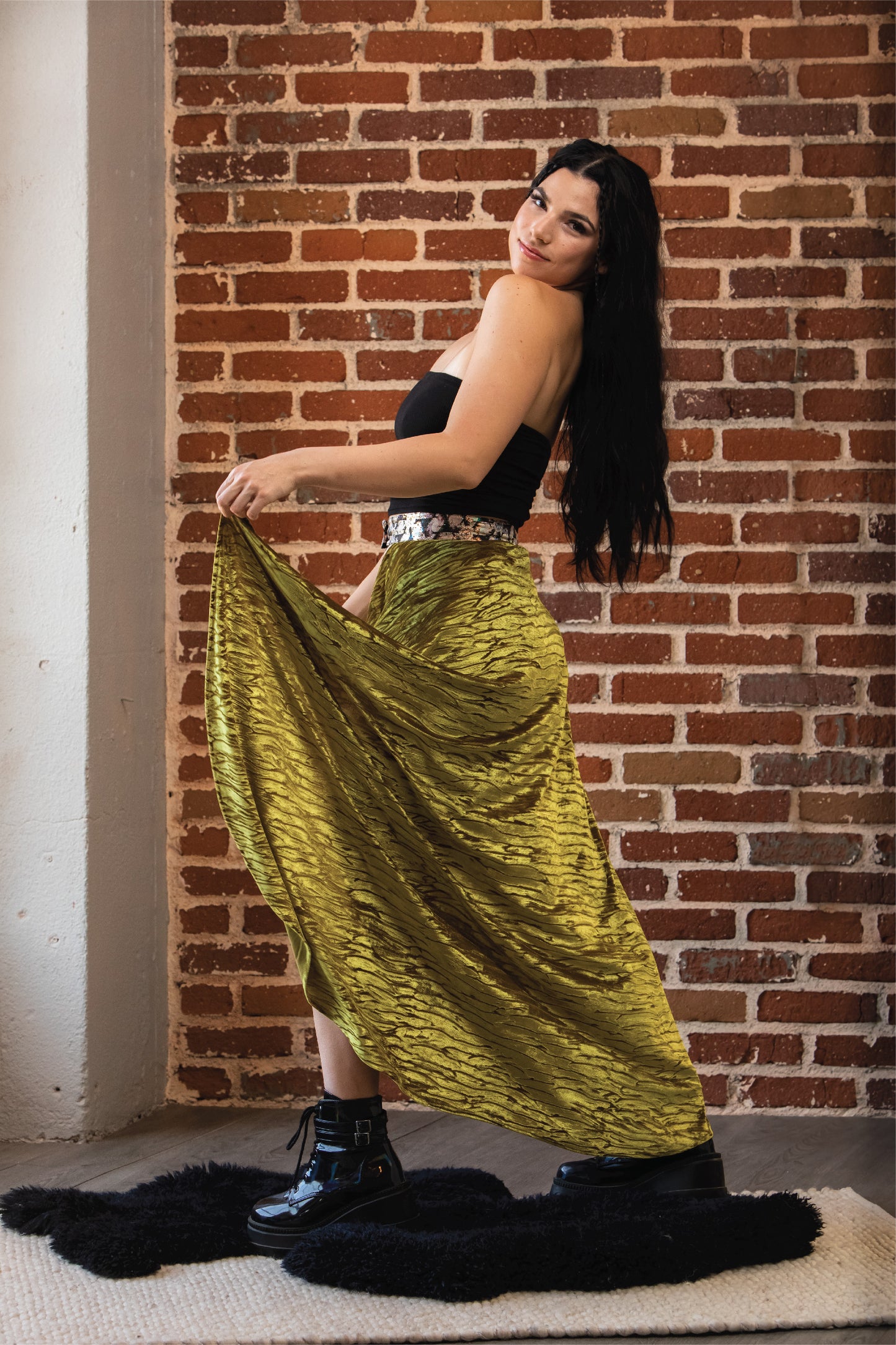 Velvet High Waisted Open Maxi Skirt | Chartreuse