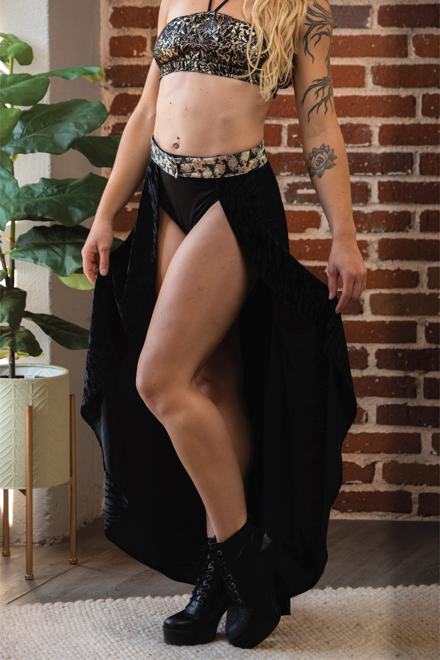 Black Velvet High Waisted Open Maxi Skirt